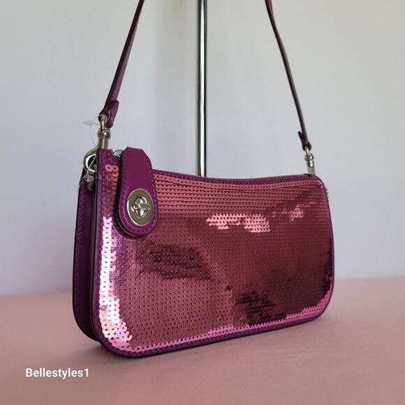COACH Penn Sequined & Smooth Leather Small Shoulder Bag - Dark Magenta⭐ - Picture 6 of 16
